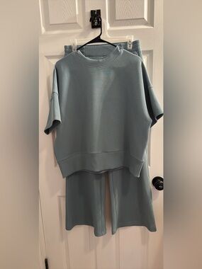 Zenana Women’s Relaxed Short Sleeve Top and lounge pants, wide leg in Dusty Blue